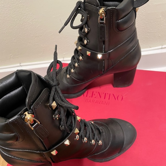Valentino Black Leather Lace-Up Combat Boots - Picture 9 of 13